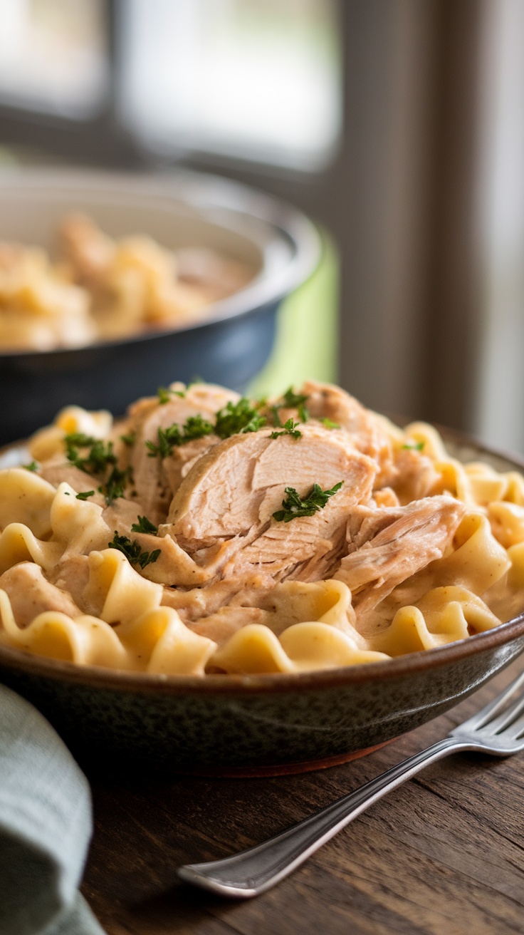 Creamy Chicken Alfredo with fettuccine pasta and shredded chicken, garnished with parsley, in a bowl on a rustic table.